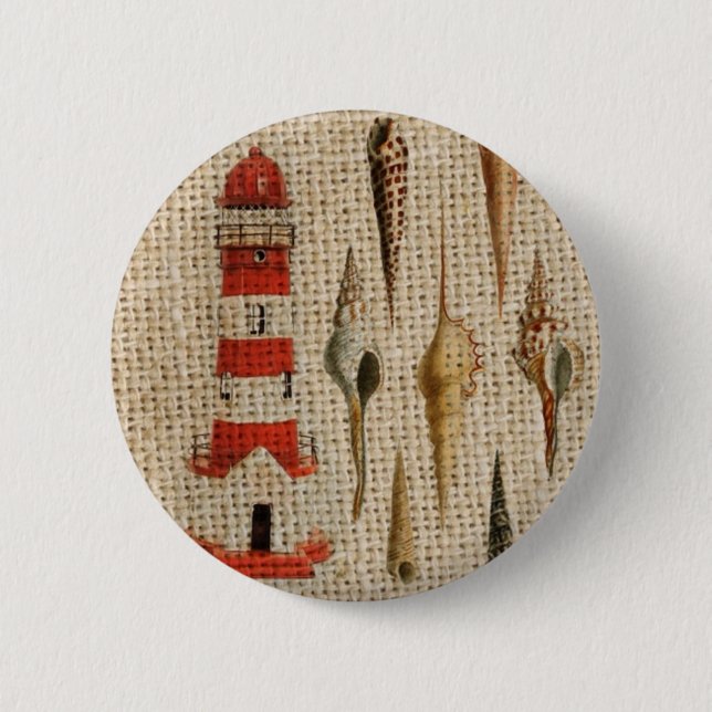 shabby chic burlap coastal seashell lighthouse button (Front)