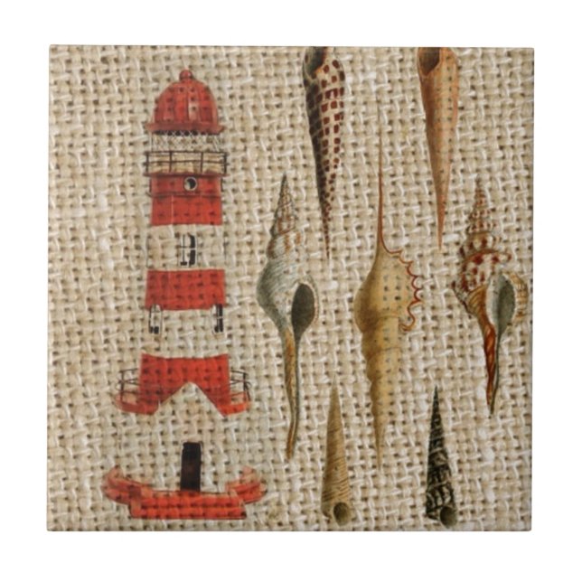 shabby chic burlap coastal seashell lighthouse ceramic tile (Front)