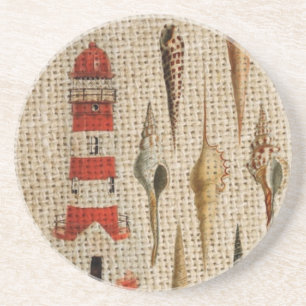 shabby chic burlap coastal seashell lighthouse sandstone coaster