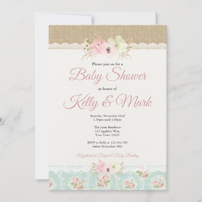 Shabby Chic Burlap & Lace Girl Baby Shower Invitation (Front)
