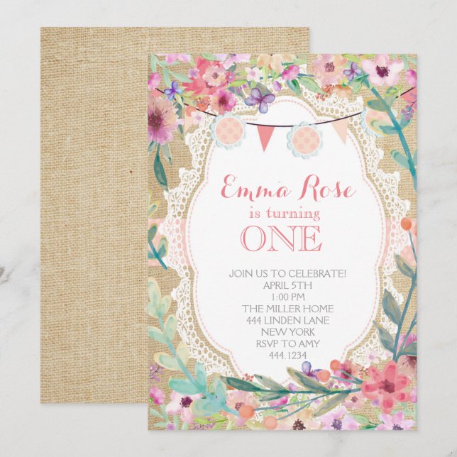 Shabby Chic Burlap Pink Birthday Invitations (Front/Back)