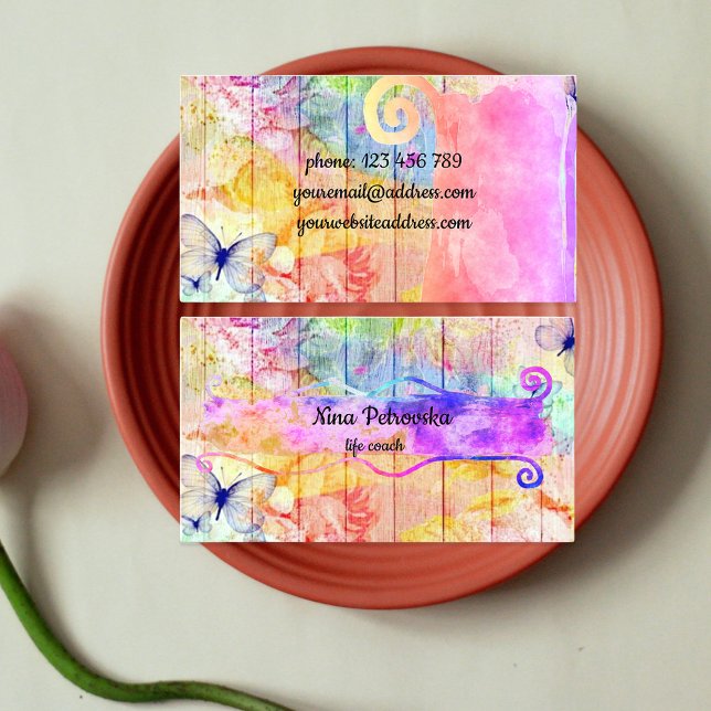 Shabby Chic Butterflies and Roses on Rustic Wood Business Card (Creator Uploaded)