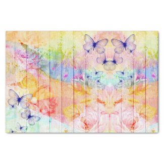 Shabby Chic Butterflies and Roses on Rustic Wood Tissue Paper