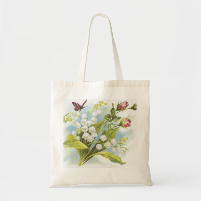 Shabby Chic Butterfly, Roses & Lily of the Valley Tote Bag (Front)