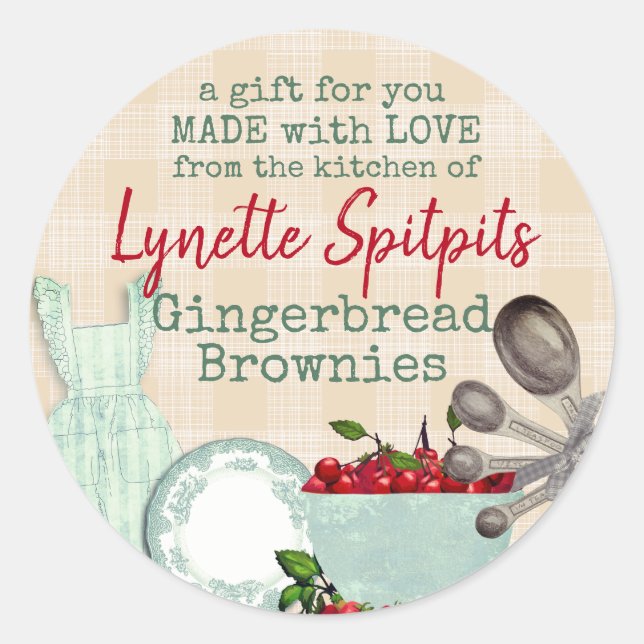 Shabby chic cherries apron from the kitchen of classic round sticker (Front)