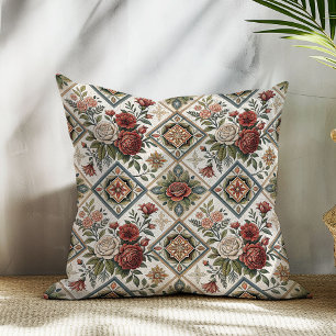 Shabby Chic Classic Red Roses Green Tiles Motifs Throw Pillow