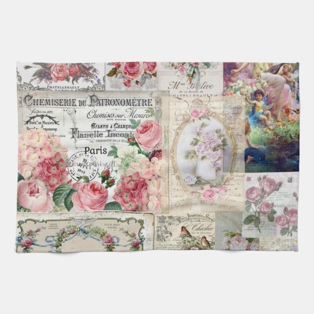 Shabby chic collage,country victorian,decoupage, b kitchen towel (Horizontal)