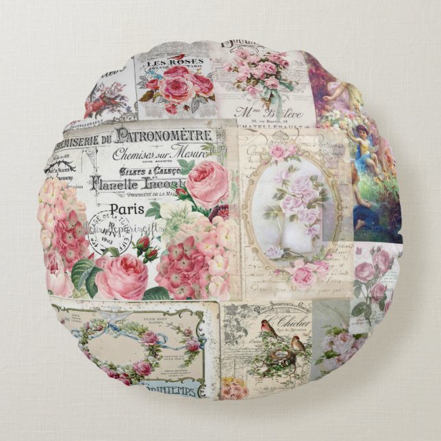 Shabby chic collage,country victorian,decoupage, b round pillow (Front)