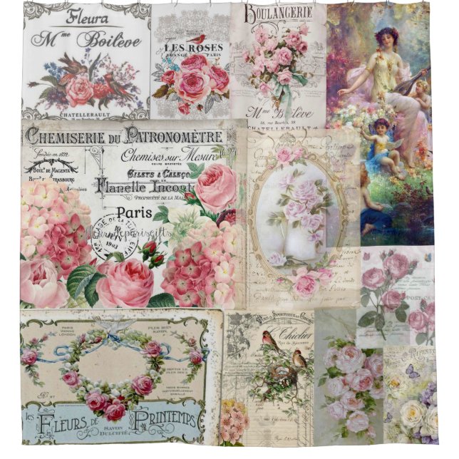 Shabby chic collage,country victorian,decoupage, b shower curtain (Front)