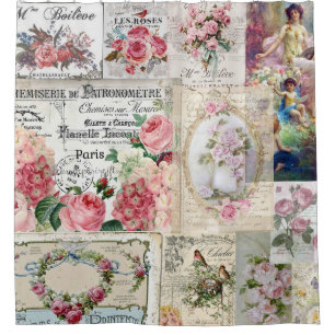 Shabby chic collage,country victorian,decoupage, b shower curtain