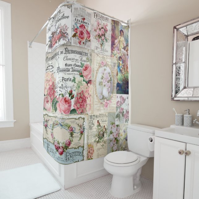 Shabby chic collage,country victorian,decoupage,mo shower curtain (In Situ)