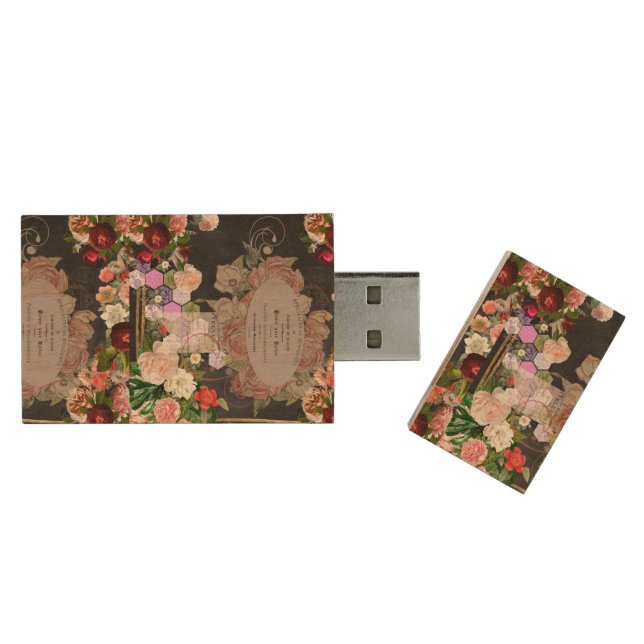 Shabby chic collage, French chic,country rustic Wood Flash Drive (Opened)