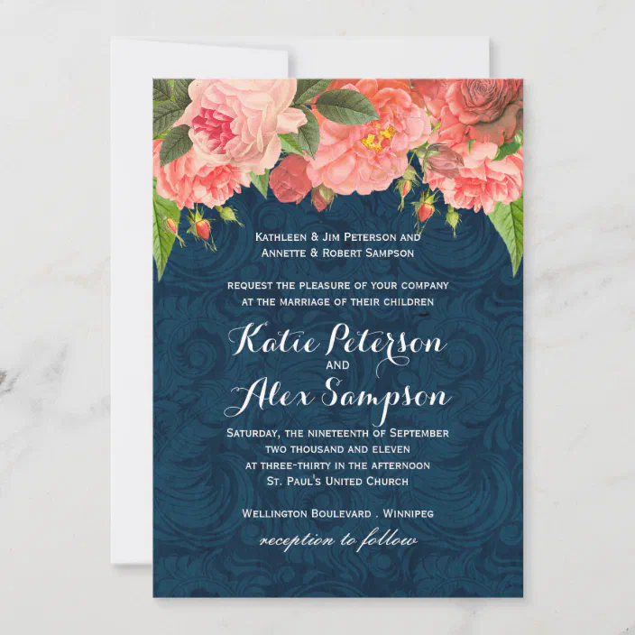 Dusty Coral Pink And Navy Blue Floral Personalised Birthday Party Invitations 