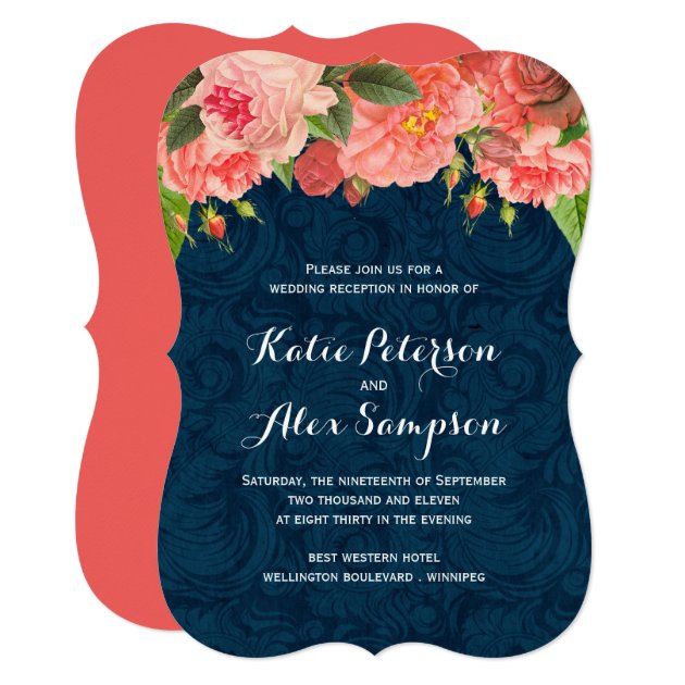 Shabby Chic Coral And Navy Reception Only Invite