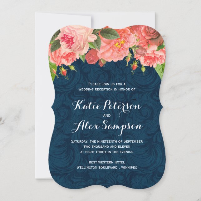 Shabby Chic Coral and Navy Reception Only Invite (Front)