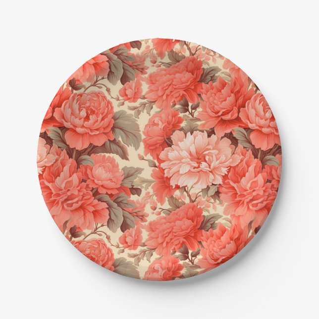 Shabby chic coral flowers paper plates (Front)