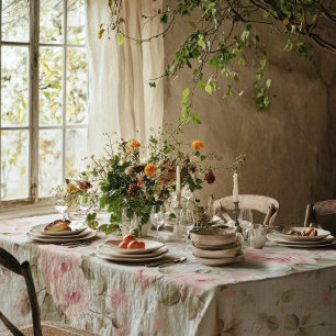 Shabby Chic Cottagecore Vintage Pink Rose Floral Tablecloth