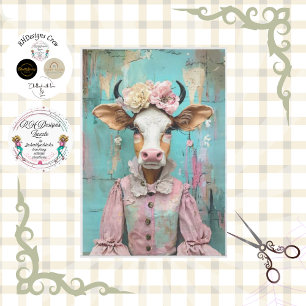 Shabby chic cow in soft pastel decoupage tissue paper