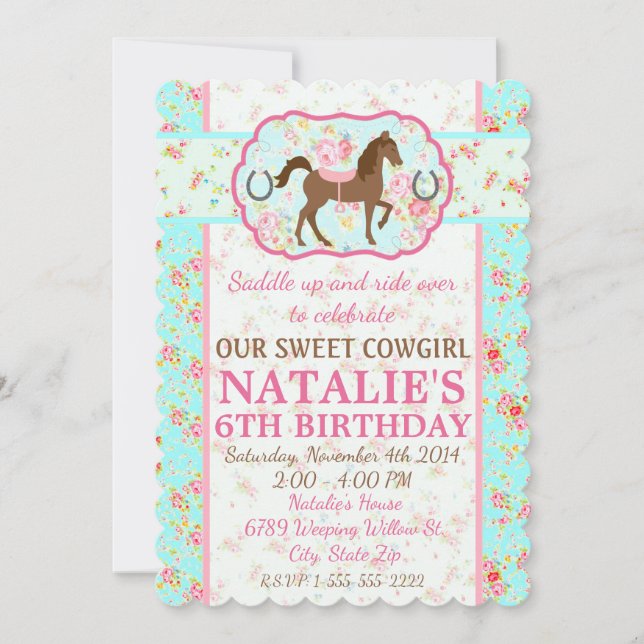 Shabby Chic Cowgirl Floral Pony Invitation (Front)