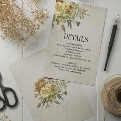 Shabby Chic Cream and Gold Roses Wedding Details Enclosure Card