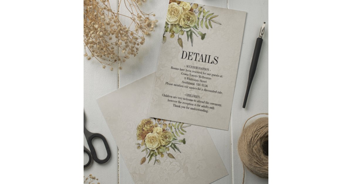 Shabby Chic Cream and Gold Roses Wedding Details Enclosure Card | Zazzle