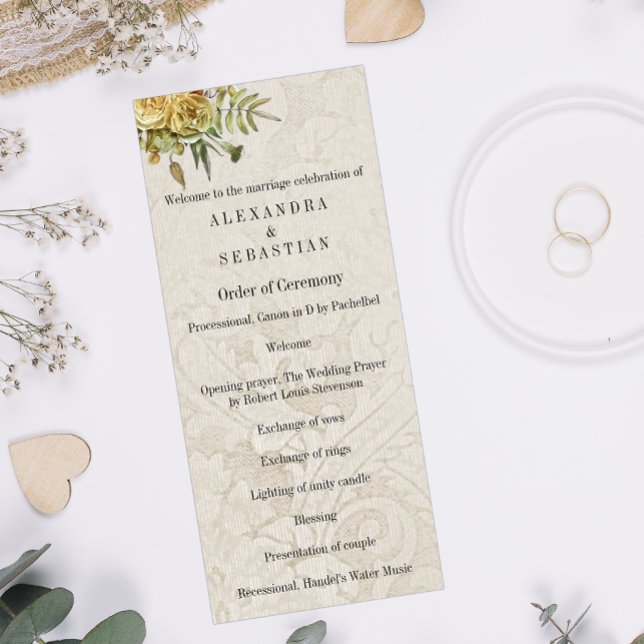 Shabby Chic Cream Damask and Yellow Floral Wedding Program (Creator Uploaded)