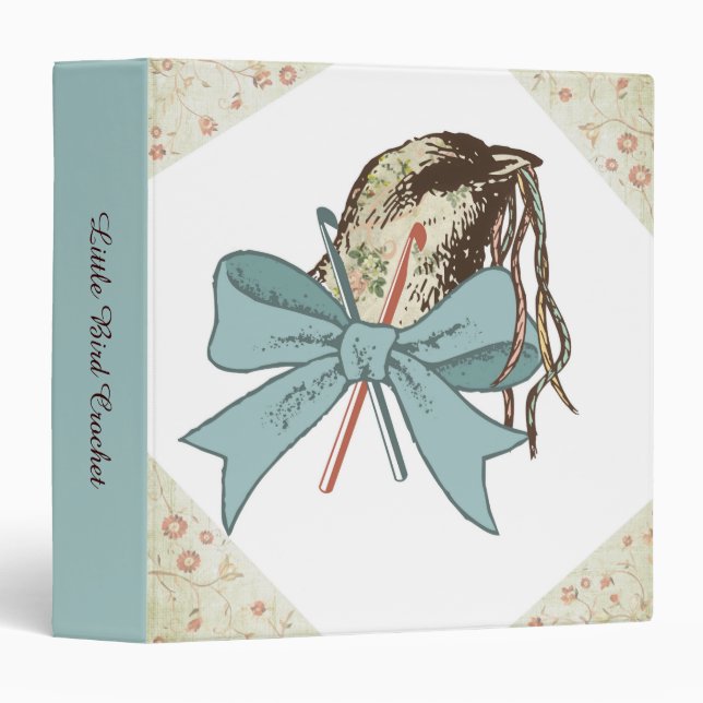 Shabby chic crochet hooks yarn bird ribbon bow 3 ring binder (Front/Spine)