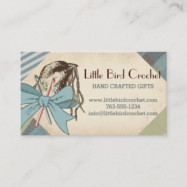 Shabby chic crochet hooks yarn bird ribbon bow business card (Front)