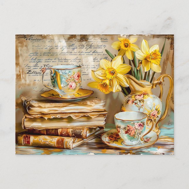 Shabby chic Daffodils on a Stacked antique Books Postcard (Front)