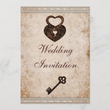 Shabby Chic Damask Hearts Lock And Key Wedding Invitation by GroovyGraphics at Zazzle