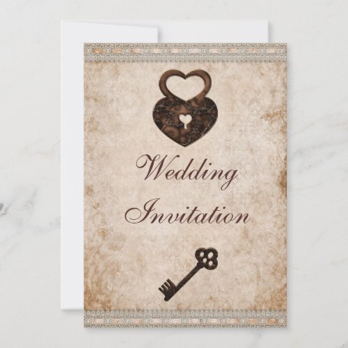 Shabby Chic Damask Hearts Lock and Key Wedding Invitation