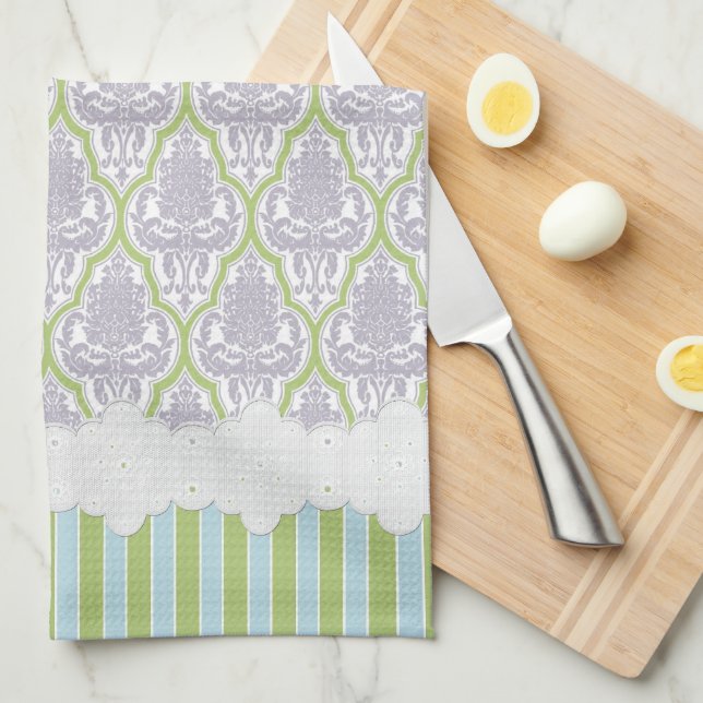 Shabby Chic Damask Lilac & Green Tea Kitchen Towel (Quarter Fold)