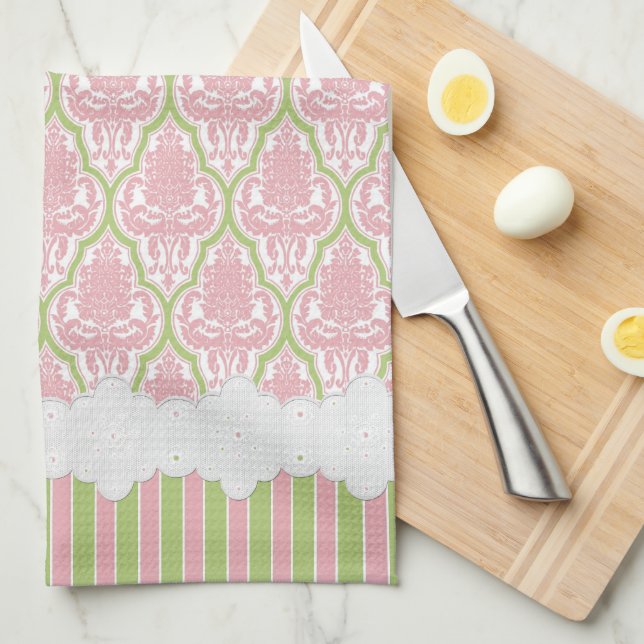 Shabby Chic Damask Pink & Green Tea Kitchen Towel (Quarter Fold)