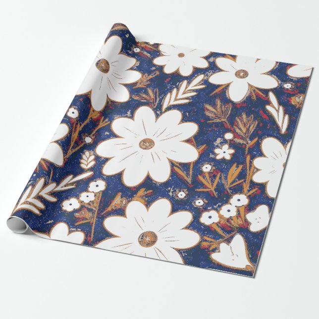 Shabby Chic Deep Blue White Retro Daisy Pattern Wrapping Paper (Unrolled)