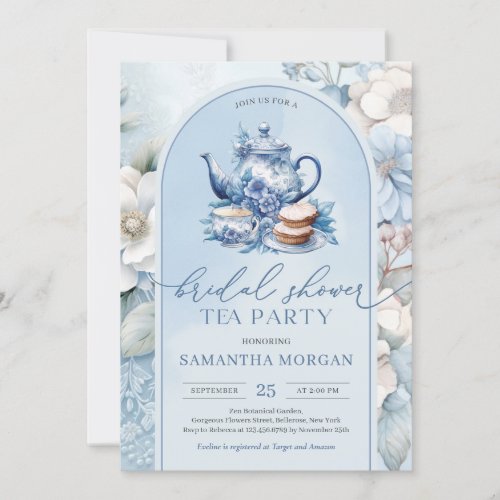 Shabby chic dusty blue and white Bridal tea party Invitation