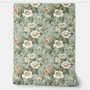 Shabby chic dusty green white vintage flowers wallpaper