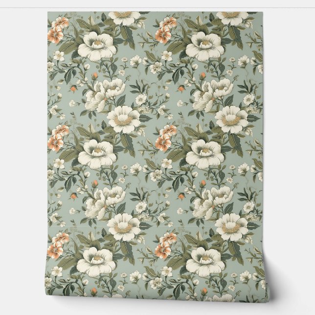 Shabby chic dusty green white vintage flowers wallpaper  (Unrolling)