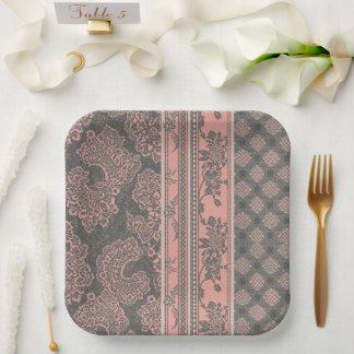 Shabby Chic Dusty Rose Pink Gray Damask Wedding Paper Plates