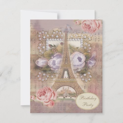 Shabby Chic Eiffel Tower Floral Birthday Party Invitation
