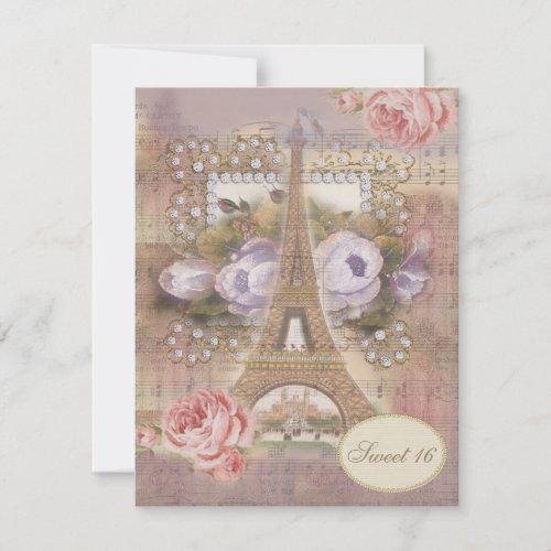 Shabby Chic Eiffel Tower Floral Sweet 16 Invitation