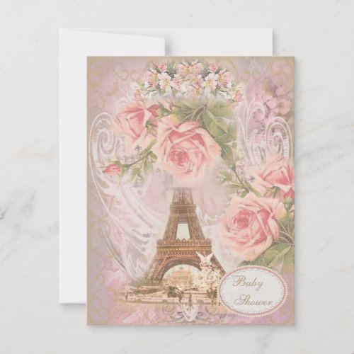 Shabby Chic Eiffel Tower Pink Floral Baby Shower Invitation