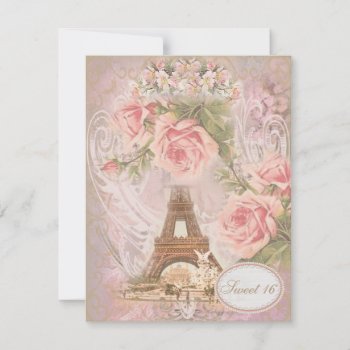 Shabby Chic Eiffel Tower Pink Floral Sweet 16 Invitation by AJ_Graphics at Zazzle