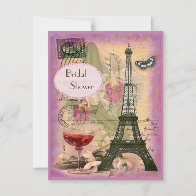 Shabby Chic Eiffel Tower & Red Wine Bridal Shower Invitation (Front)