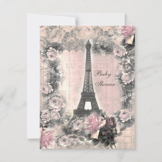 Shabby Chic Eiffel Tower & Roses Baby Shower Invitation (Front)