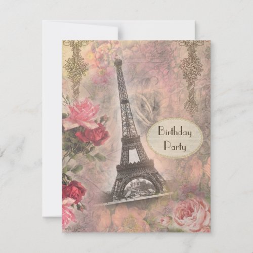 Shabby Chic Eiffel Tower  Roses Birthday Party Invitation