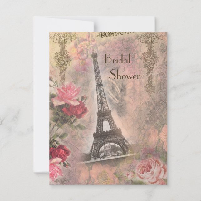 Shabby Chic Eiffel Tower & Roses Bridal Shower Invitation (Front)