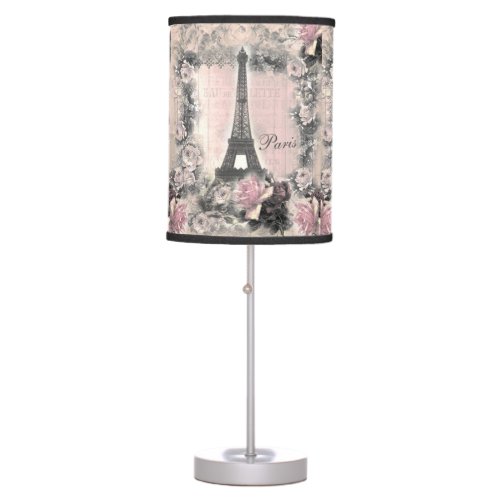 Shabby Chic Eiffel Tower  Roses in Pink  Black Table Lamp