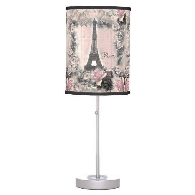 Shabby Chic Eiffel Tower & Roses in Pink & Black Table Lamp (Front)