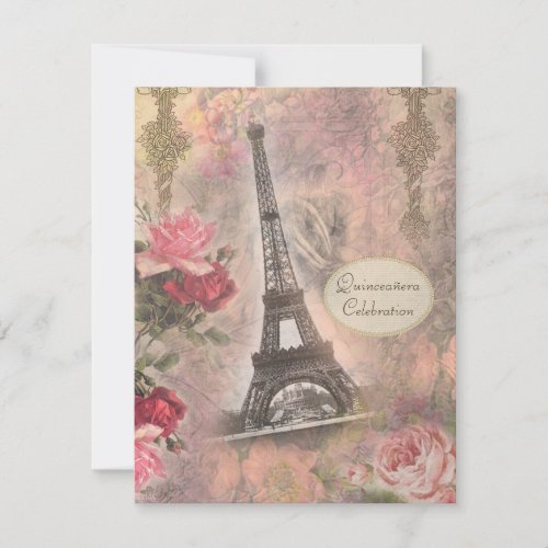 Shabby Chic Eiffel Tower  Roses Quinceanera Invitation