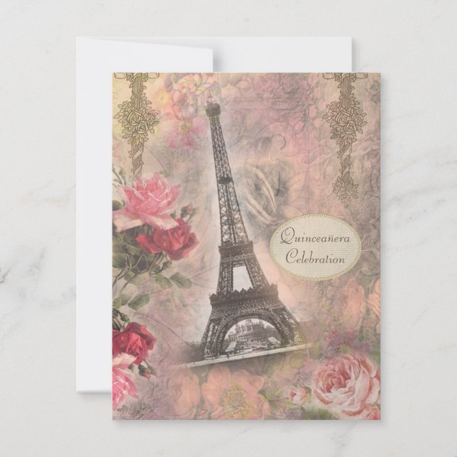 Shabby Chic Eiffel Tower & Roses Quinceanera Invitation (Front)